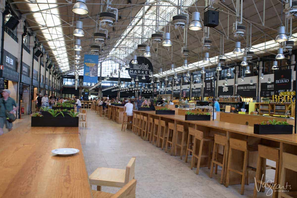 The interior of the Time Out Market gourmet food hall in Lisbon. 