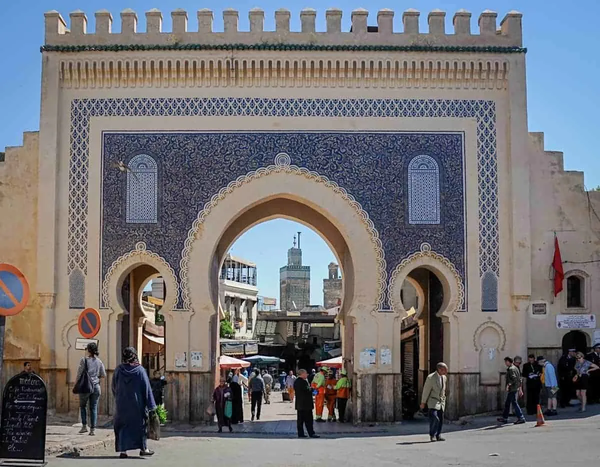 the gates of the Fez Medina - Bab Bou Jeloud with the colourful ands intricate tiles