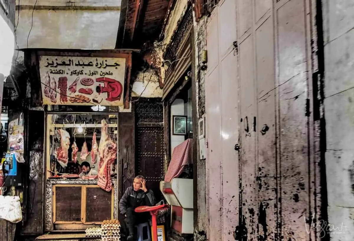 Exploring the medina in Fez Morocco is daunting with tiny laneways and smaller hole in the wall shops like this butcher