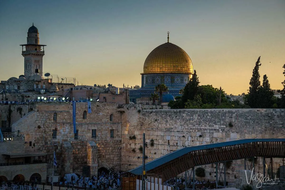 Tours of Israel - Jerusalem. Dome on the Rock over the Western Wall at sunrise