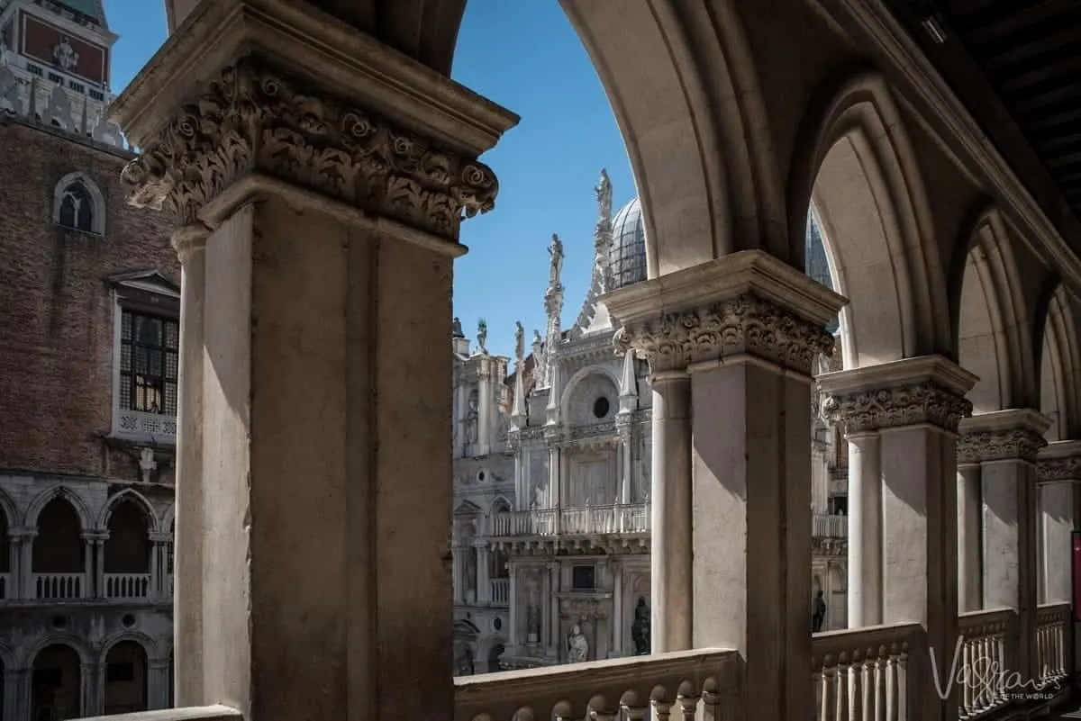 The ornate Gothic facade of the Doge's Palace in Venice.