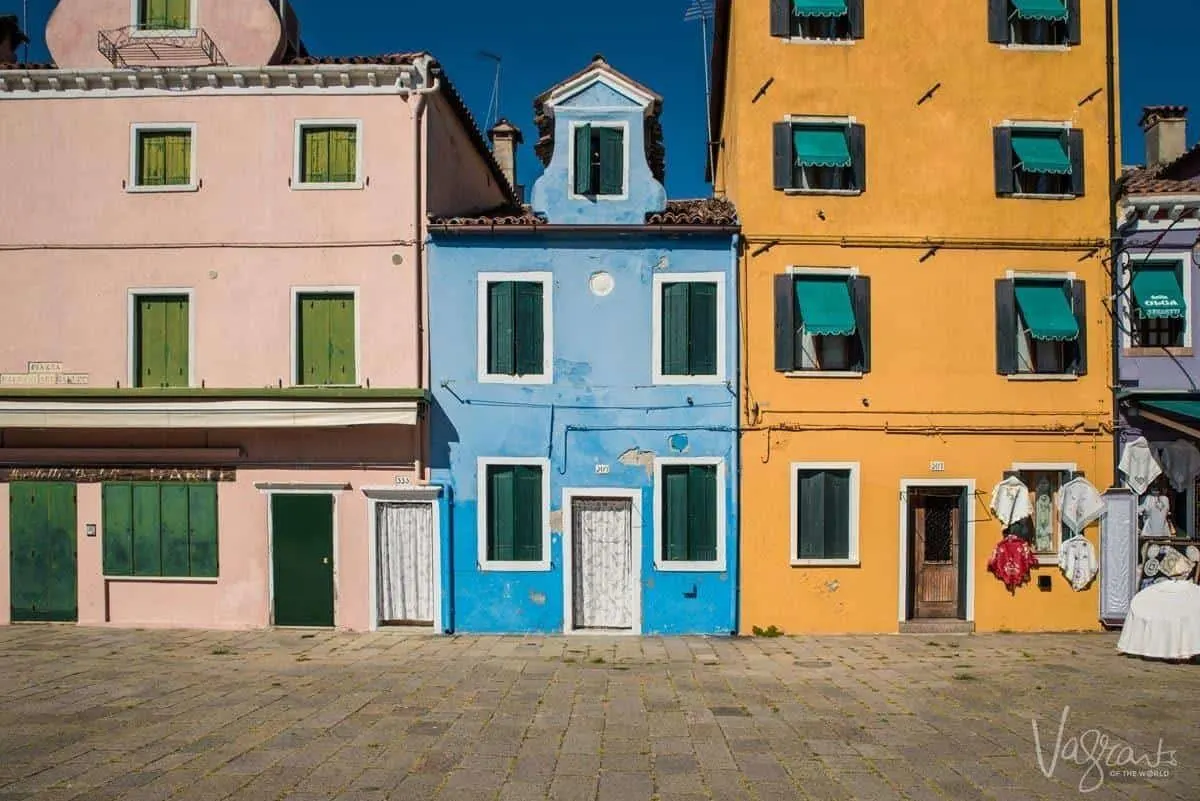 The brightly painted houses of Burano Island in Venice.
