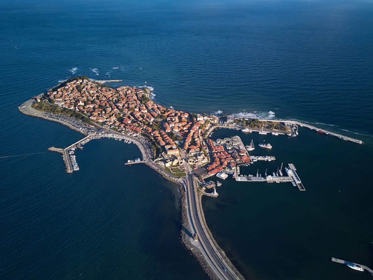 Aerial view of the town of Nessebar an island peninsular in the Black Sea