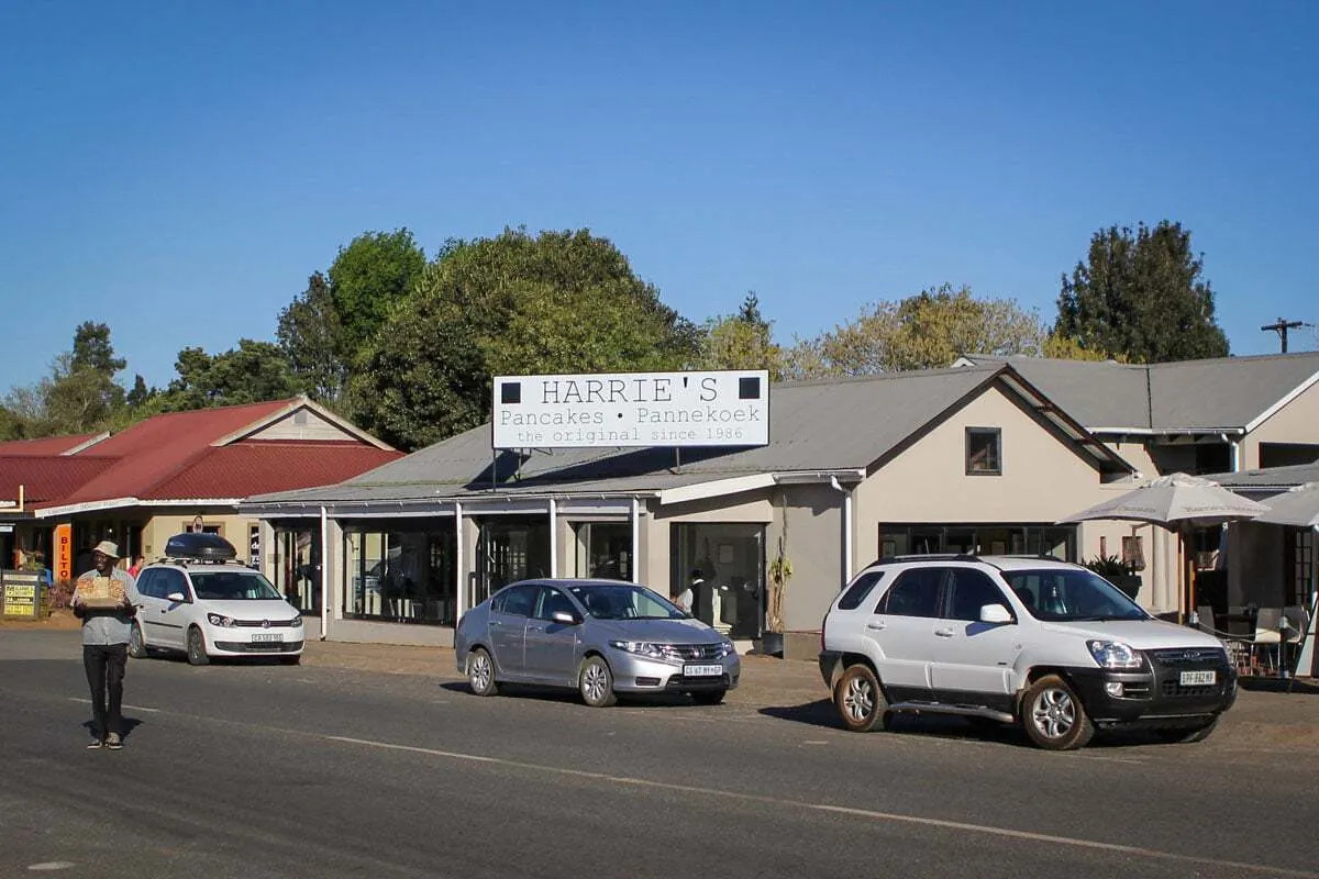 The shop front of Harrie's pancakes in Graskop South Africa. harries pancakes are popular but highly over rated, go somewhere else it is just a tourist restaurant. 