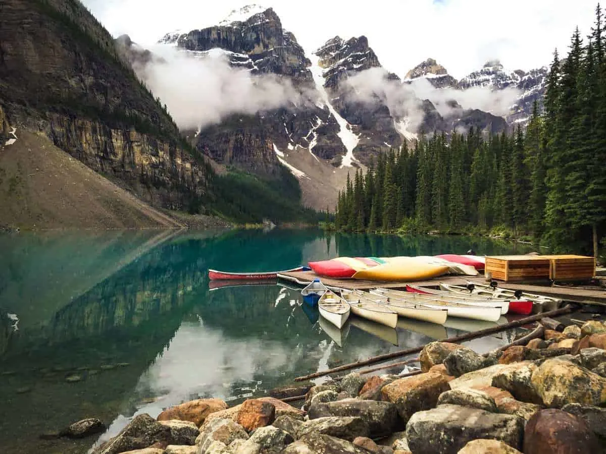 Canoes stacked on a dock in Banff Canada. 