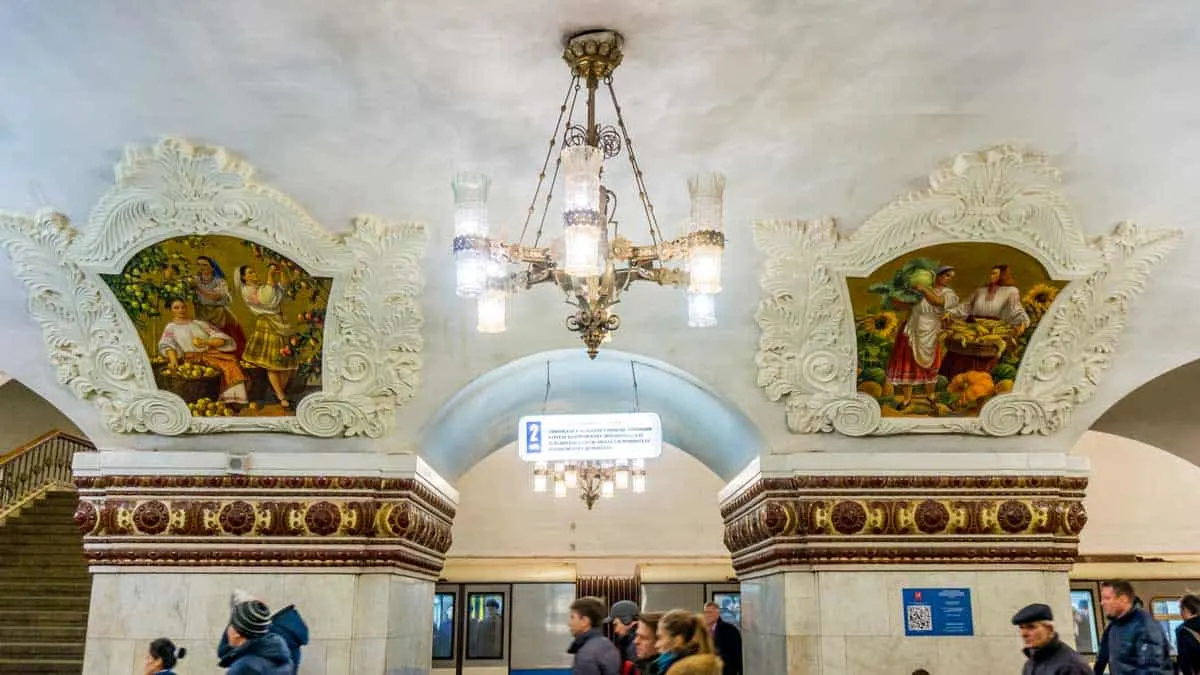 Chandeliers and mosaics in the Kievskaya Metro Station in Moscow.