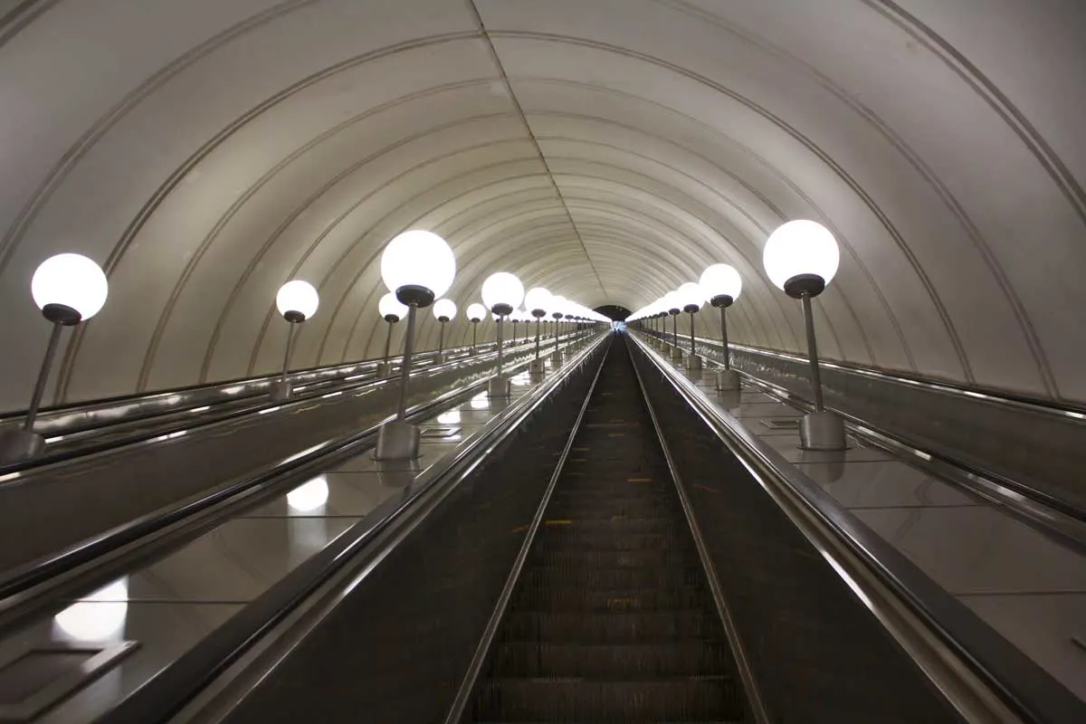 Lookin up the longest escalator in Europe at Park Pobedy station in Moscow. 