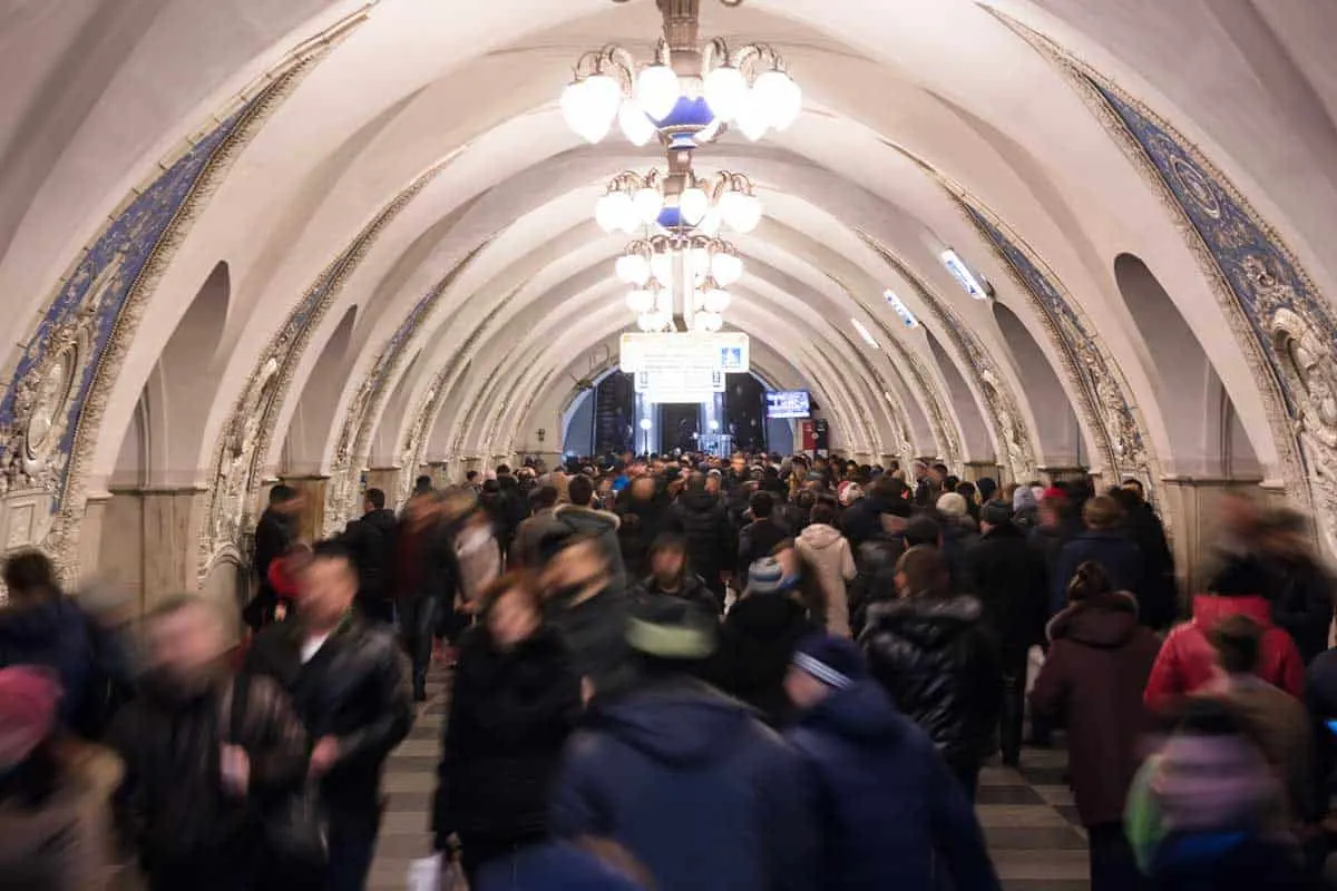 Rush hours in Taganskaya Station in the Moscow Metro. 