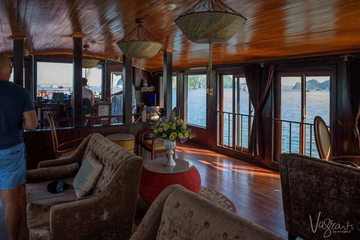 The interior of a Halong Bay junk boat on a luxury Halong cruise. 
