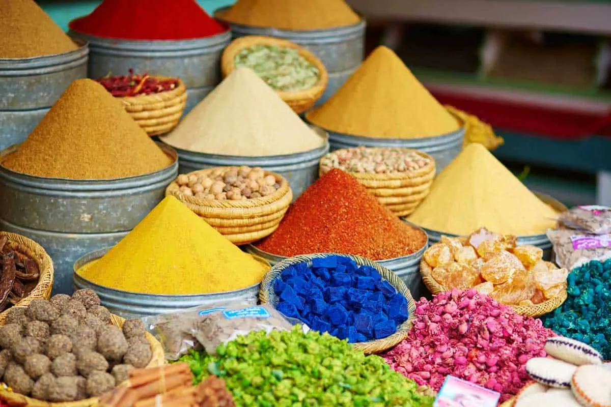Colourful spices in the Marrakech spice souk. 