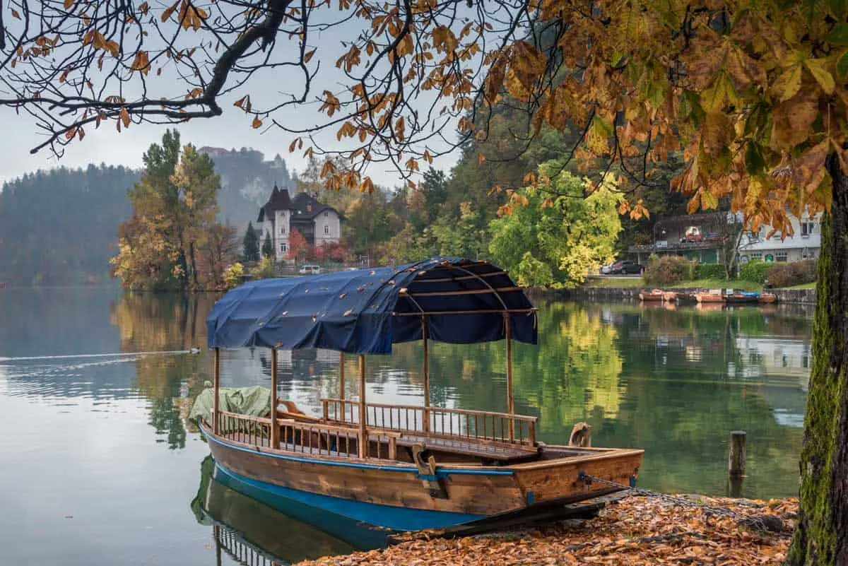 Pletna Boats on Lake Bled Slovenia in Autumn