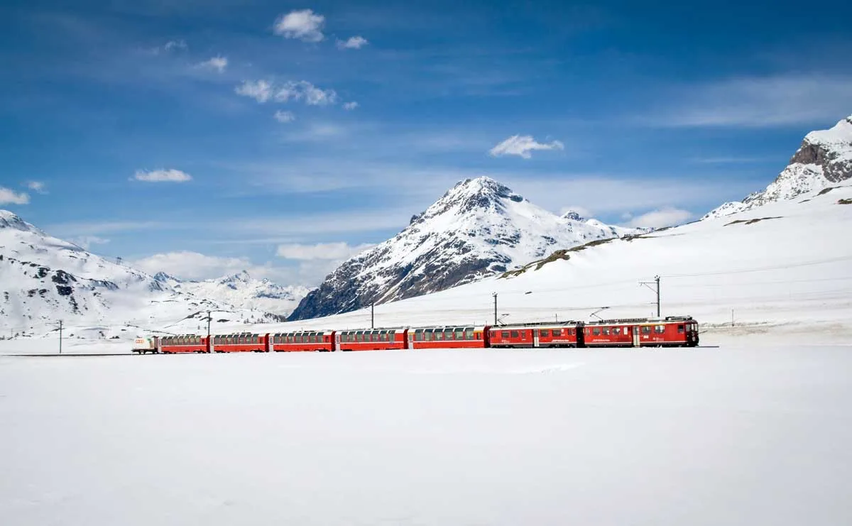 A scenic train ride through the Swiss Alps is beautiful any time of year but especially in winter.