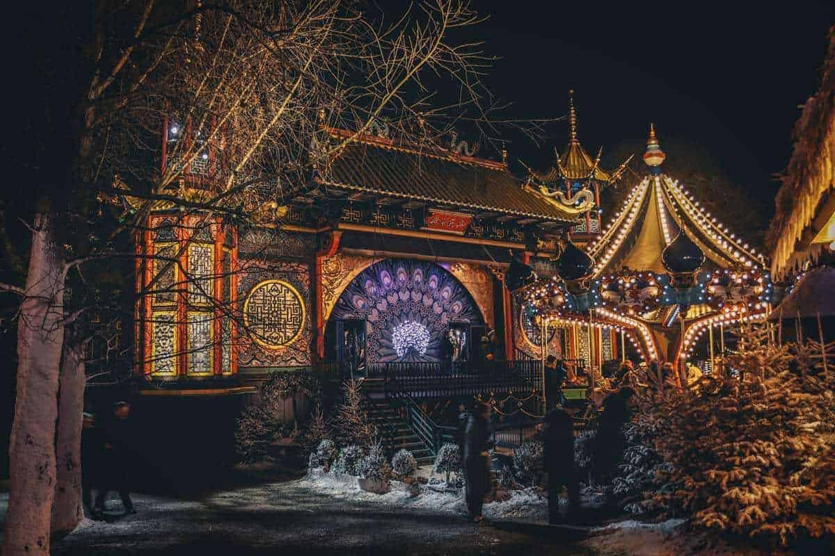 Tivoli Gardens in Copenhagen light up with Christmas lights at night. What to do in Europe in Winter