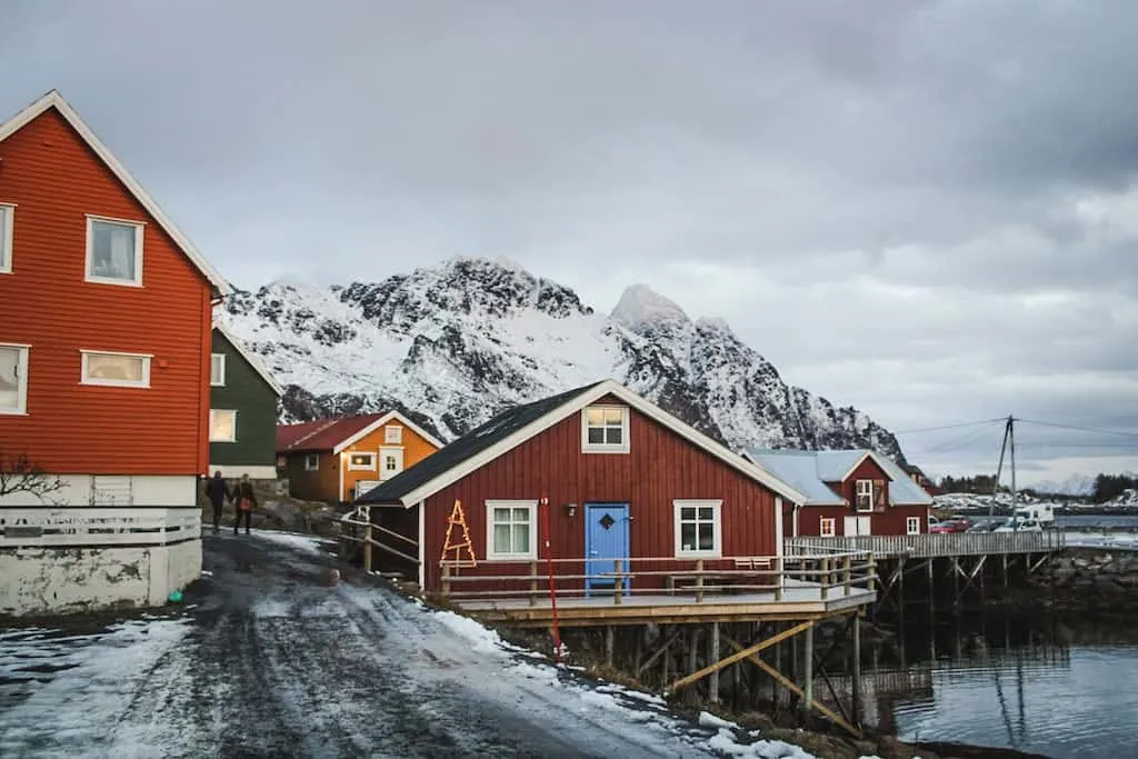 Red buidings on Lofoten Islands Norway - Snowshoeing in Norway is a great activity in winter in Europe