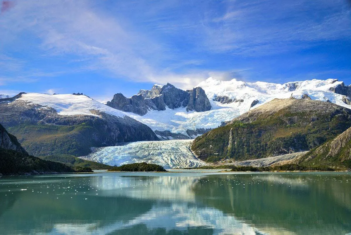 Glaciers seen in Patagonias Tierra del Fuego while sailing on the ferry from Punta Arenas and Isla Navarino