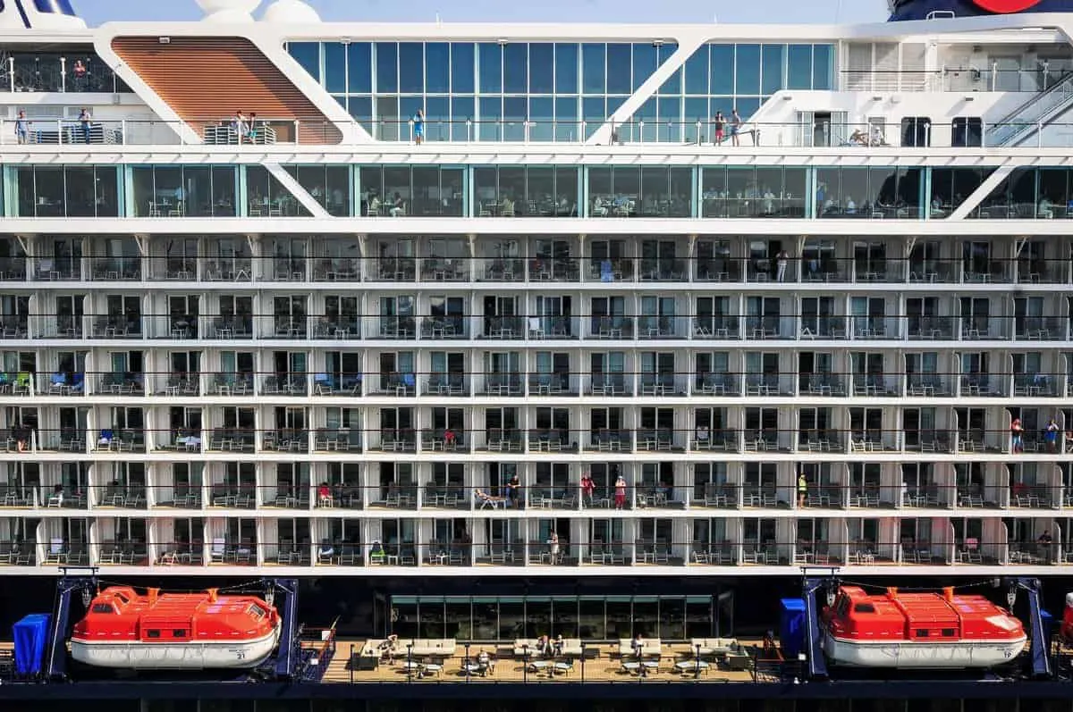 Looking at rows of balconies on a large cruise ship. Safe Cruise tip - Remember your balcony is anoth access point to your cabin. Always keep it locked, especially in port. 