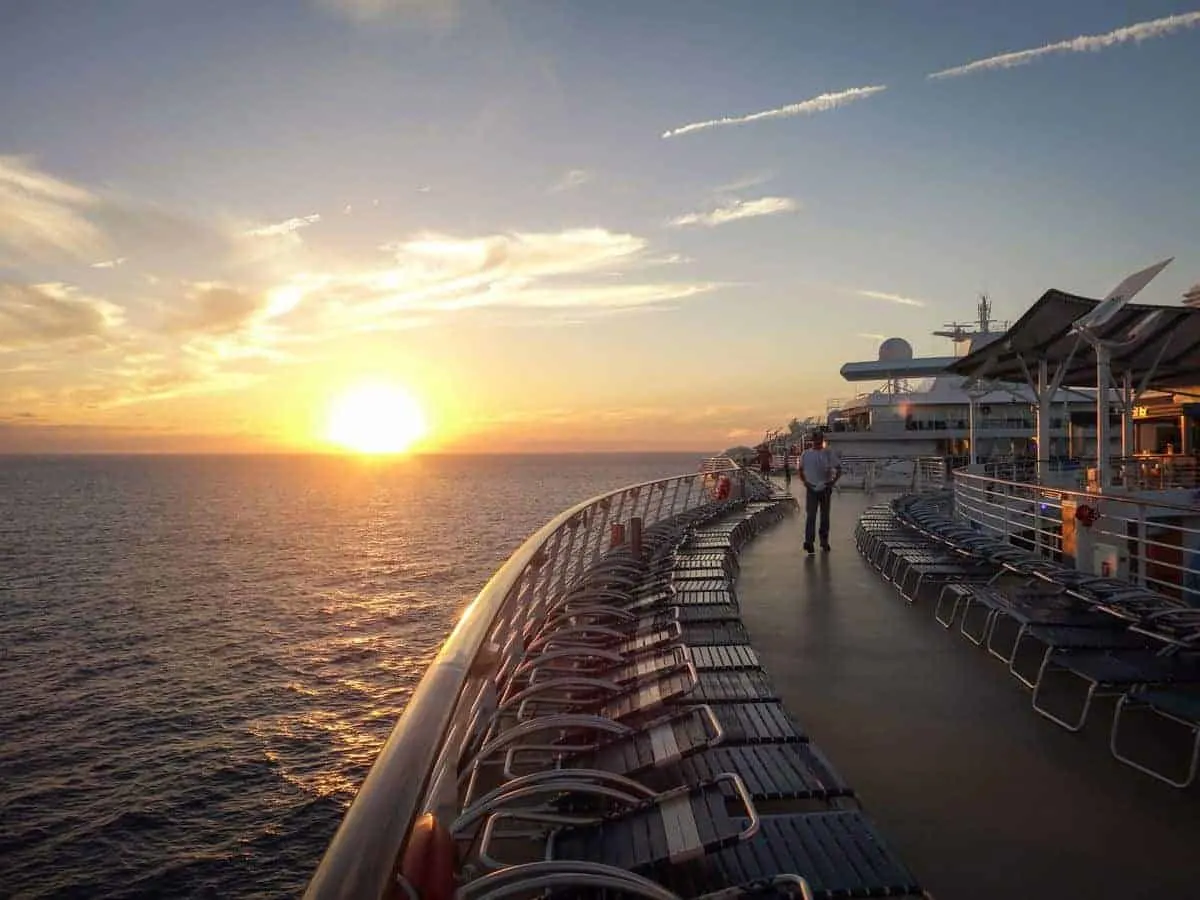 Cruise ship deck at sunset. Always remeber to be careful when on deck, especially if you have been drinking. Just one way to stay safe on a cruise.