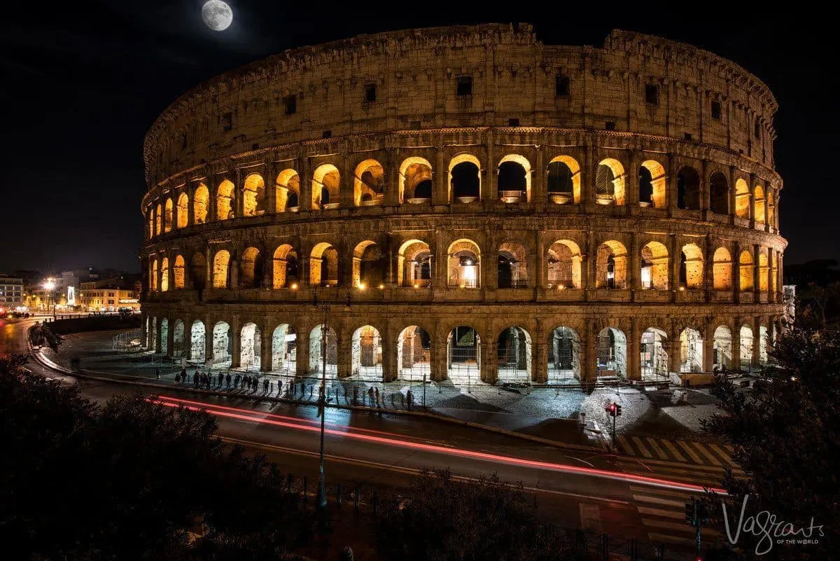 Long exposure photo of the Roman Colosseum at night.