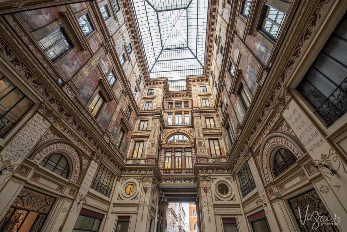 Stained glass and facades inside Galleria Sciarra.