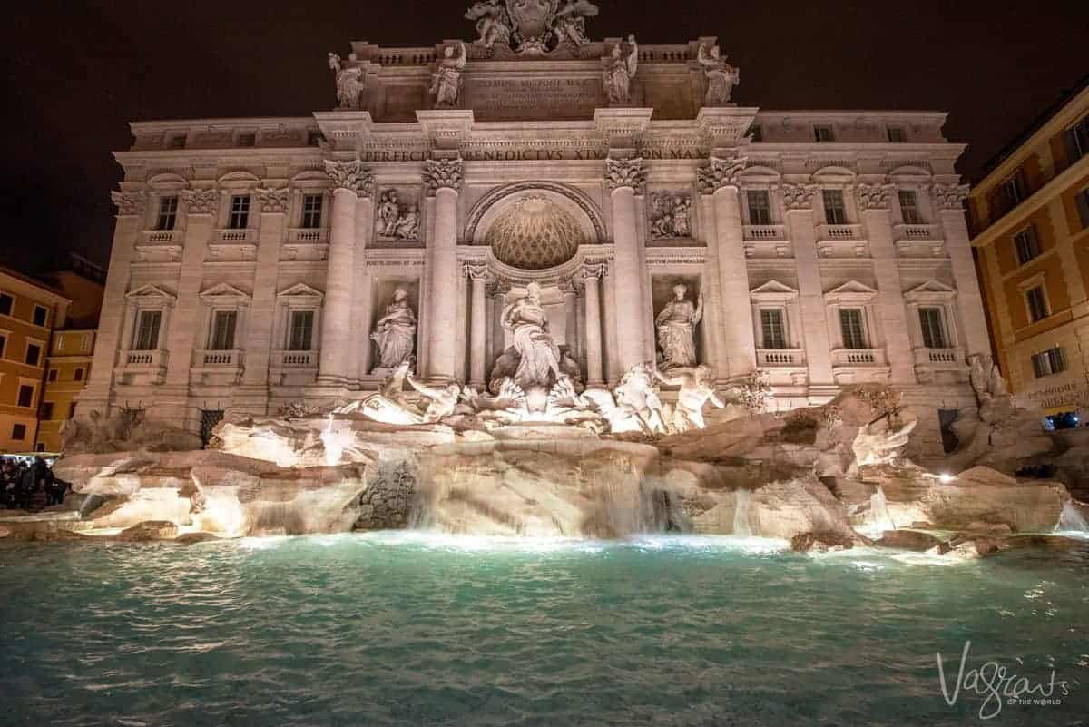 No crowds just a peaceful view of the Trevi Fountain at night.
