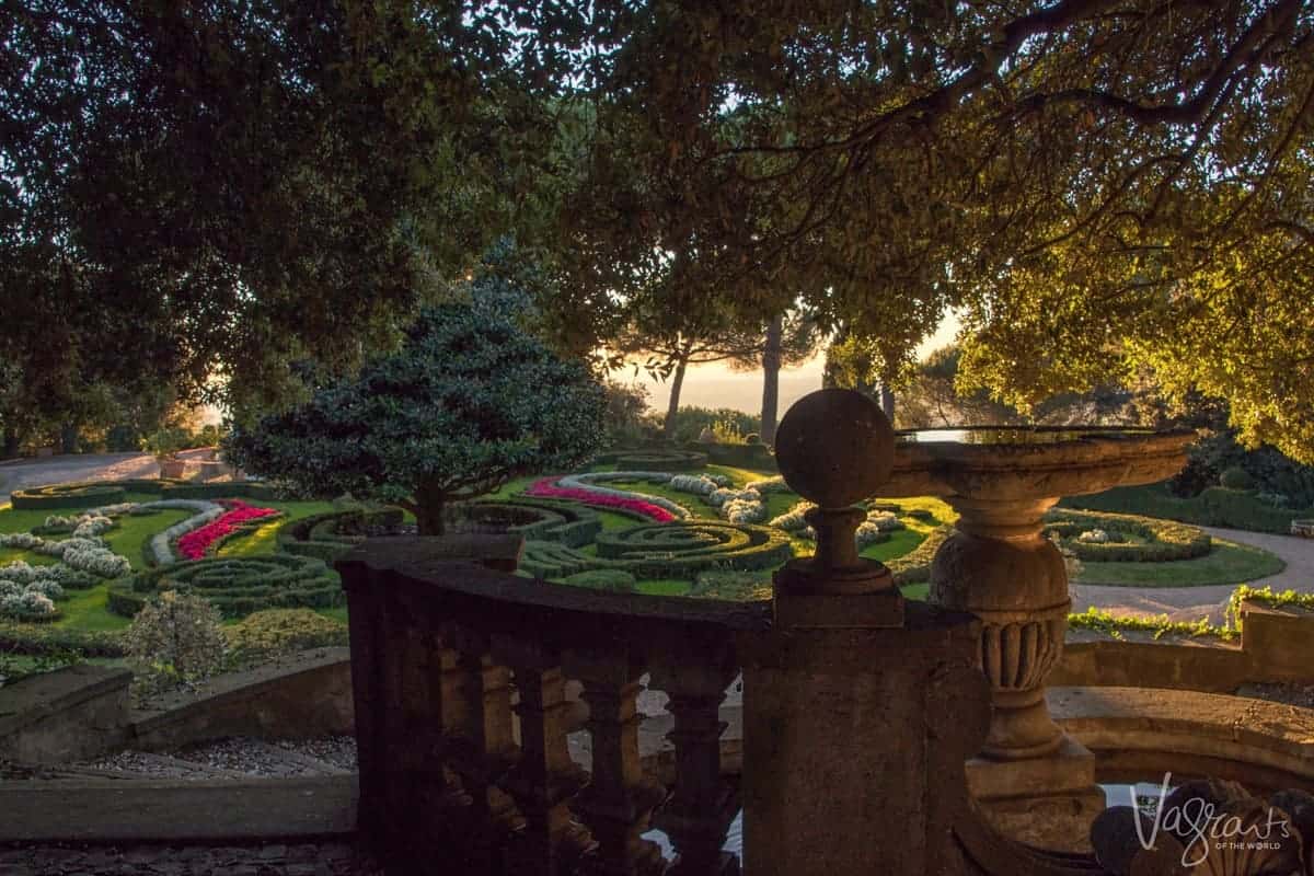 Stone stair case leading down to manicured maze gardens, Barberini Garden - Pontifical Villa Barberini