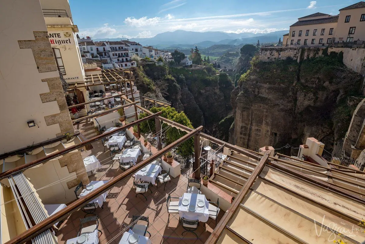 Terrace restaurant overlooking the ravine in Ronda Spain. 