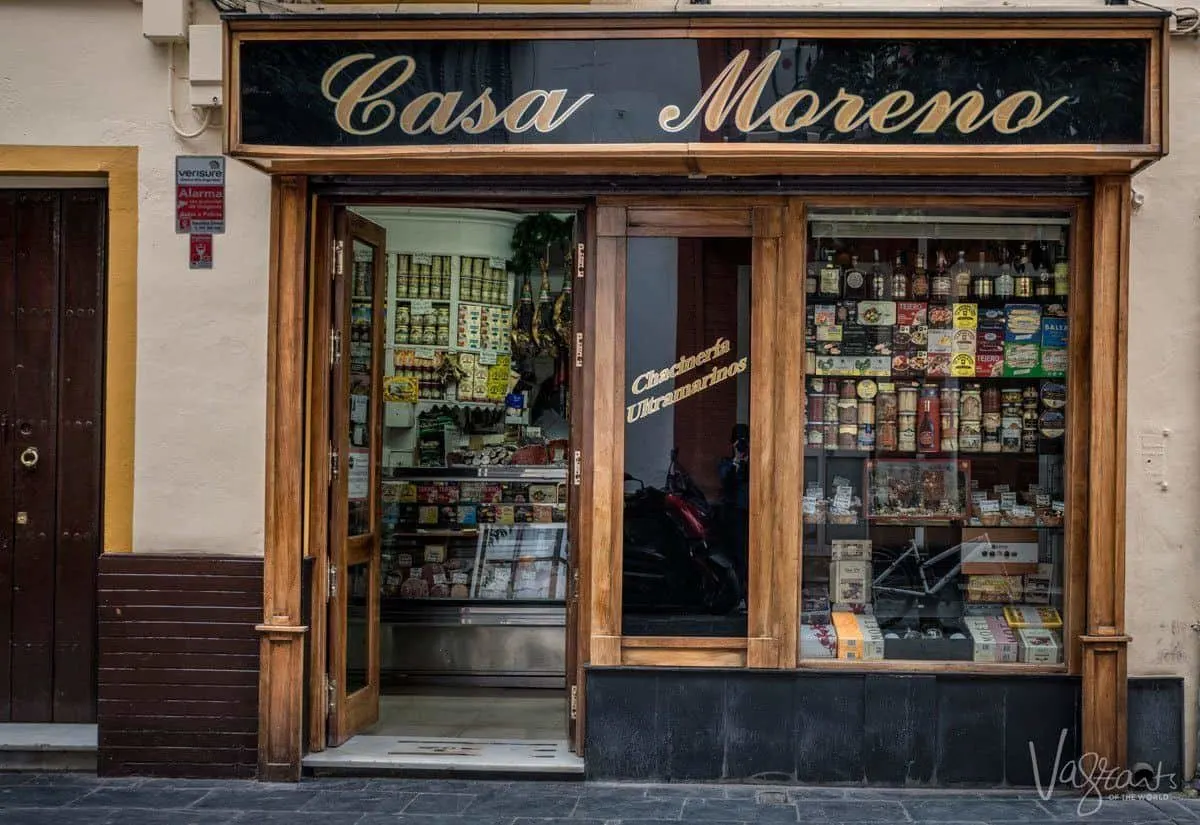 The exterior of Casa Moreno, Sevilles oldest grocery store and secret bar. 