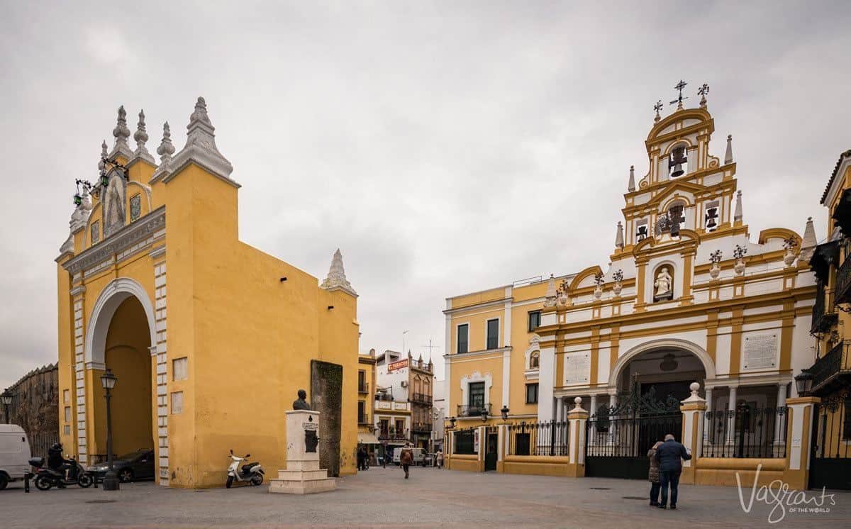 Macarena Gate Seville and the church behind which holds ancient floats for the Spanish Easter parades. 