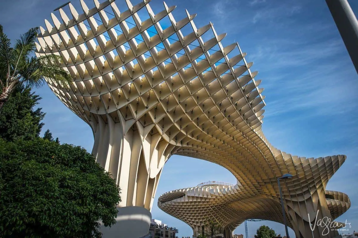 Weird mushroom like sculpture Las Setas De Sevilla | The Metropol Parasol in Seville Spain. 