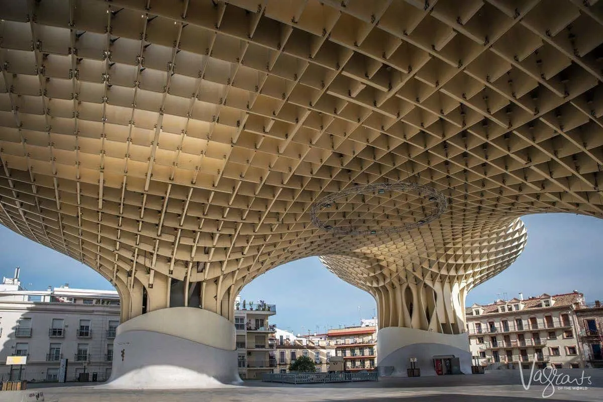 Plaza underneath the honeycombed Las Setas De Sevilla (The Metropol Parasol), a free place to visit in seville.