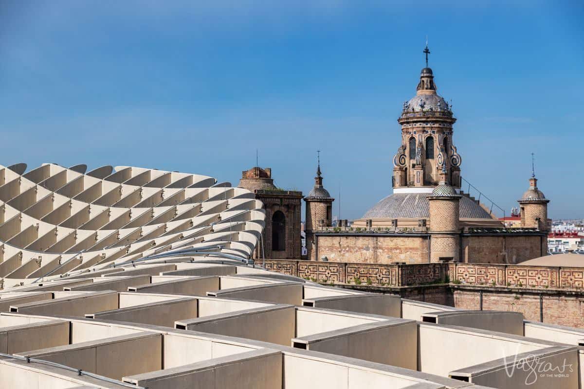 Minaret across the catacomb top of Las Setas De Sevilla | The Metropol Parasol. 