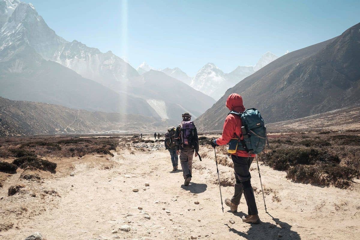 String of walkers with snow capped mountains in the background. 