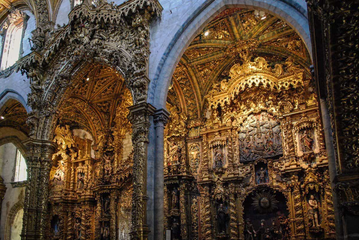 Ornate golden carvings inside Monument Church Of St Francis Porto. 