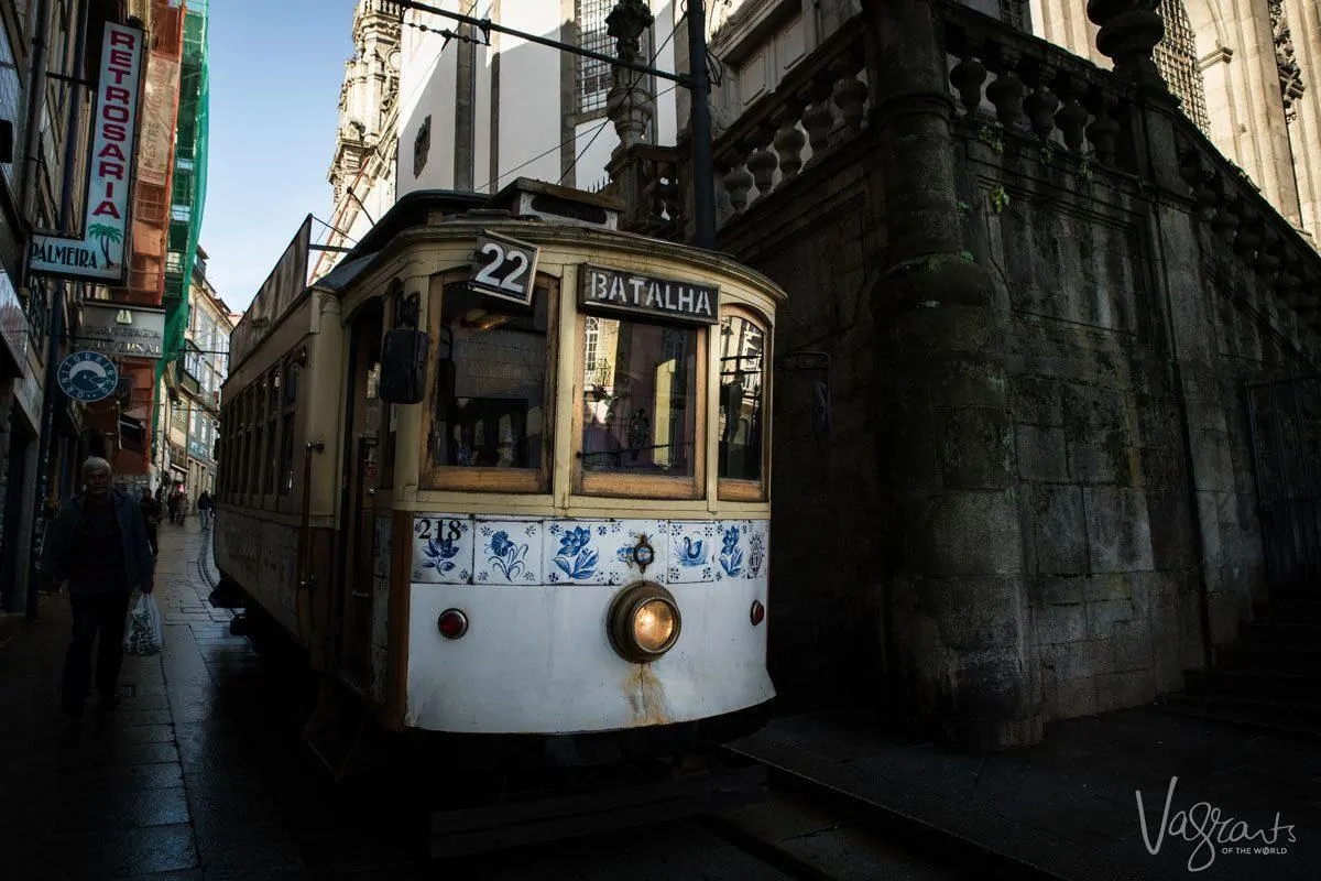 The historic tram 22 in the city centre of Porto. 
