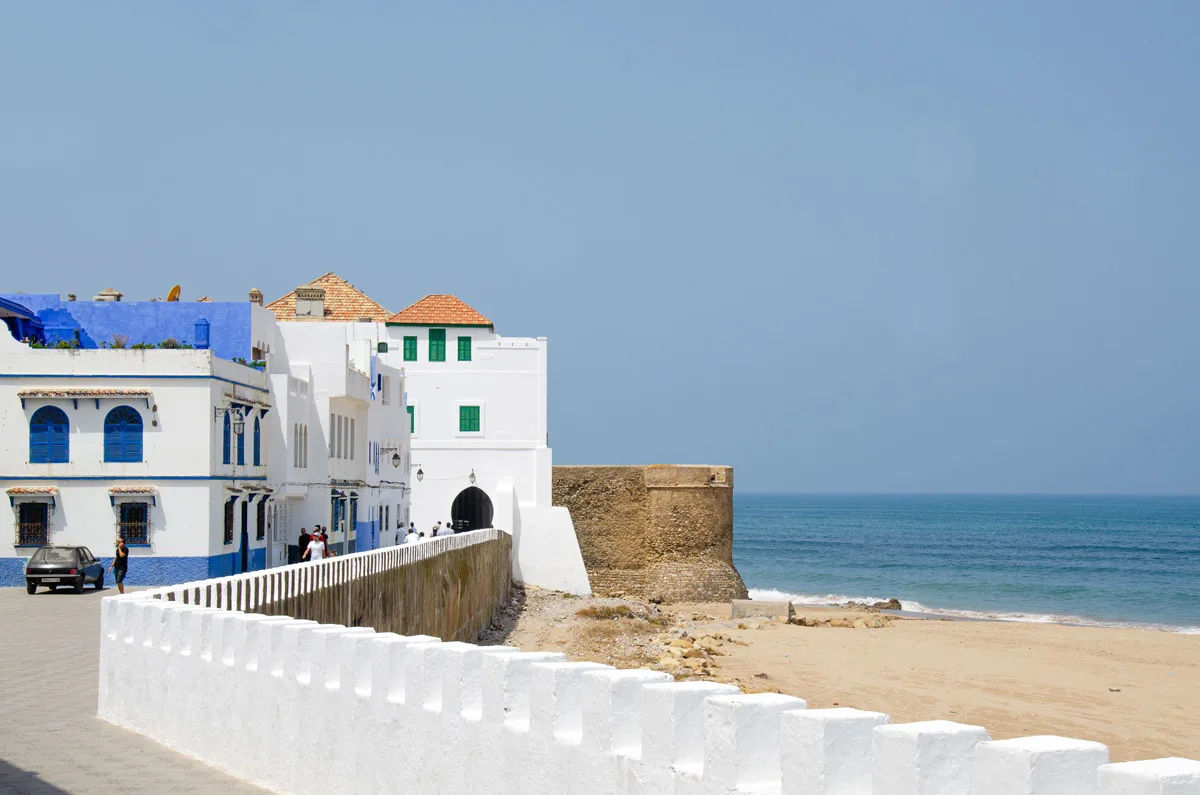 The white washed buildings overlooking the beach in Asilah Morocco.