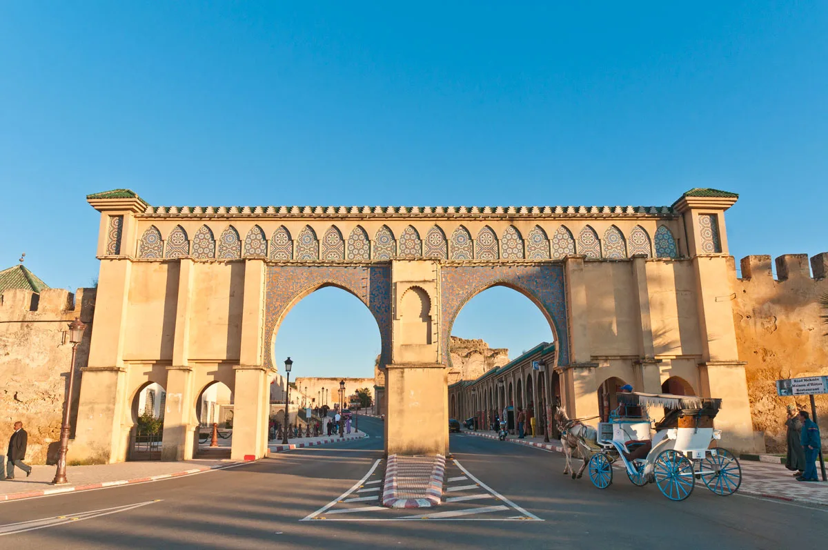 The intricate city gates of the old city in Meknes Morocco.