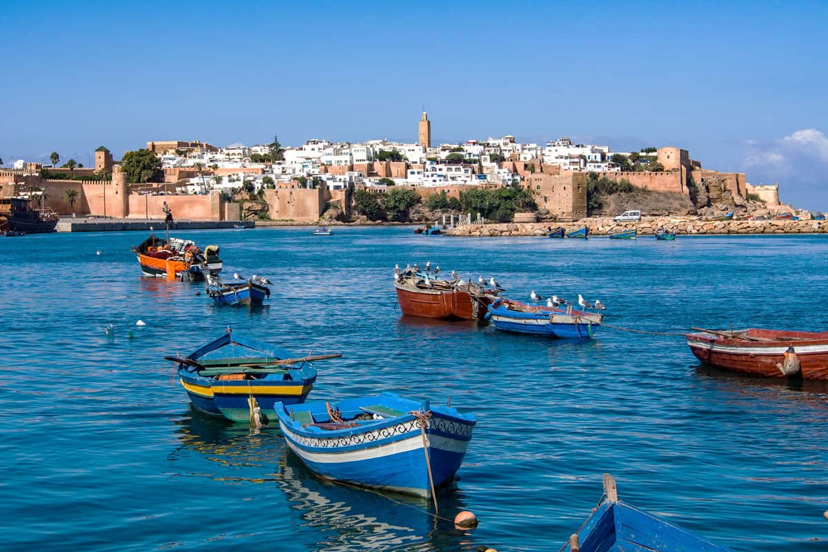 Fishing boats in the bay in front of the Old City of Rabat Morocco.