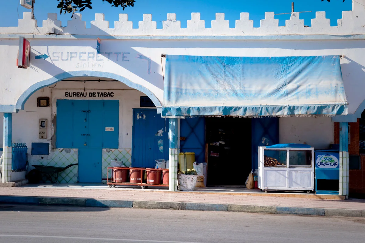 The blue and white buildings in the sea side town of Sidi Ifni in Morocco.