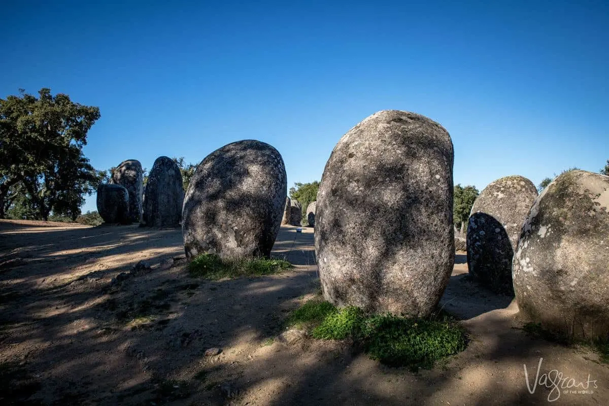 Large rocks at Almendres Cromlech, a megalithic site in Alentejo Portugal. 