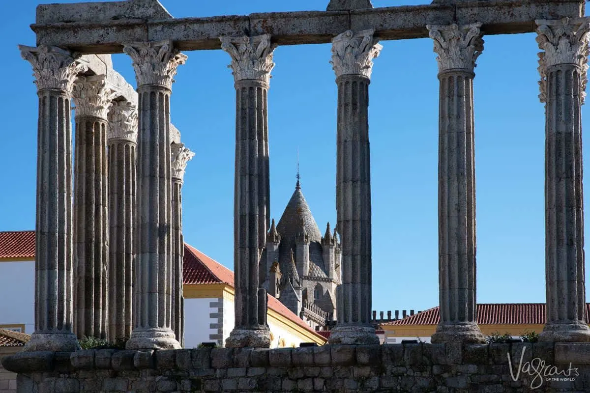 The Roman Temple of Evora with the Cathedral in the background. 