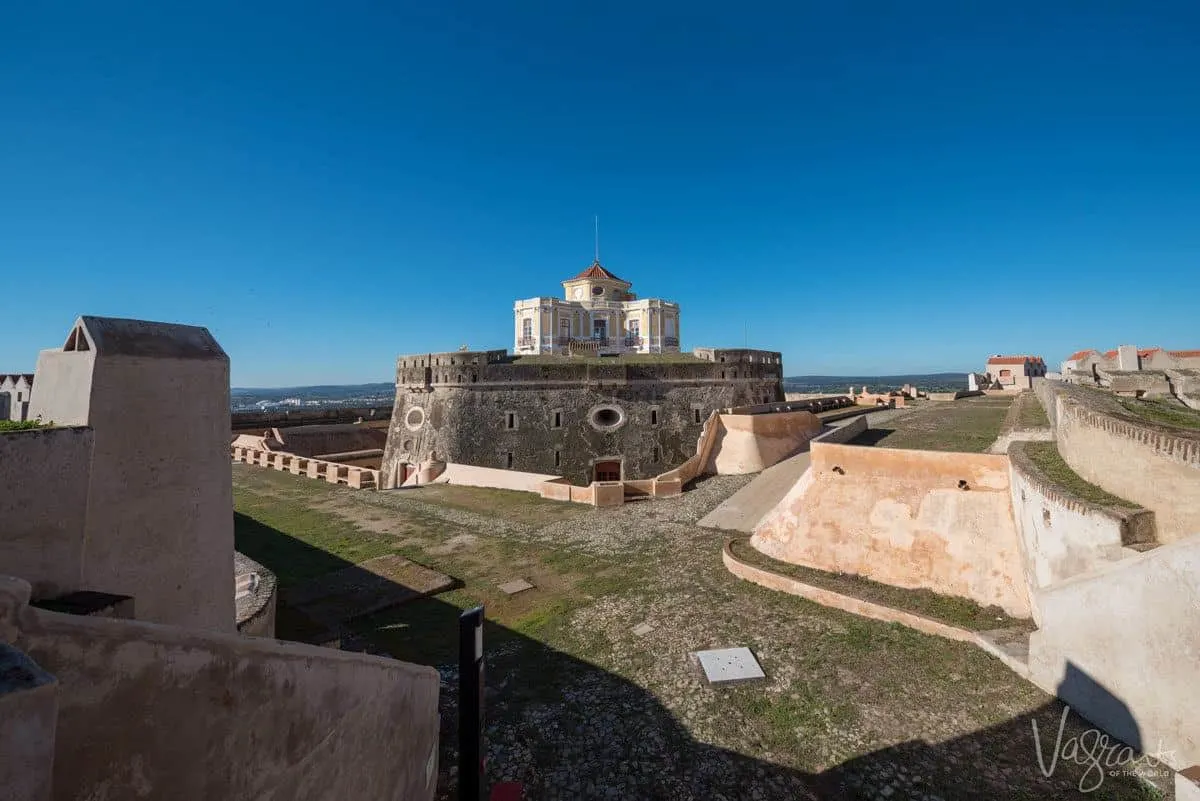 inside the star shaped forts with the central building sitting atop another small fort surrounded by a moat.  Don't miss this on your vacation to the alentejo portugal