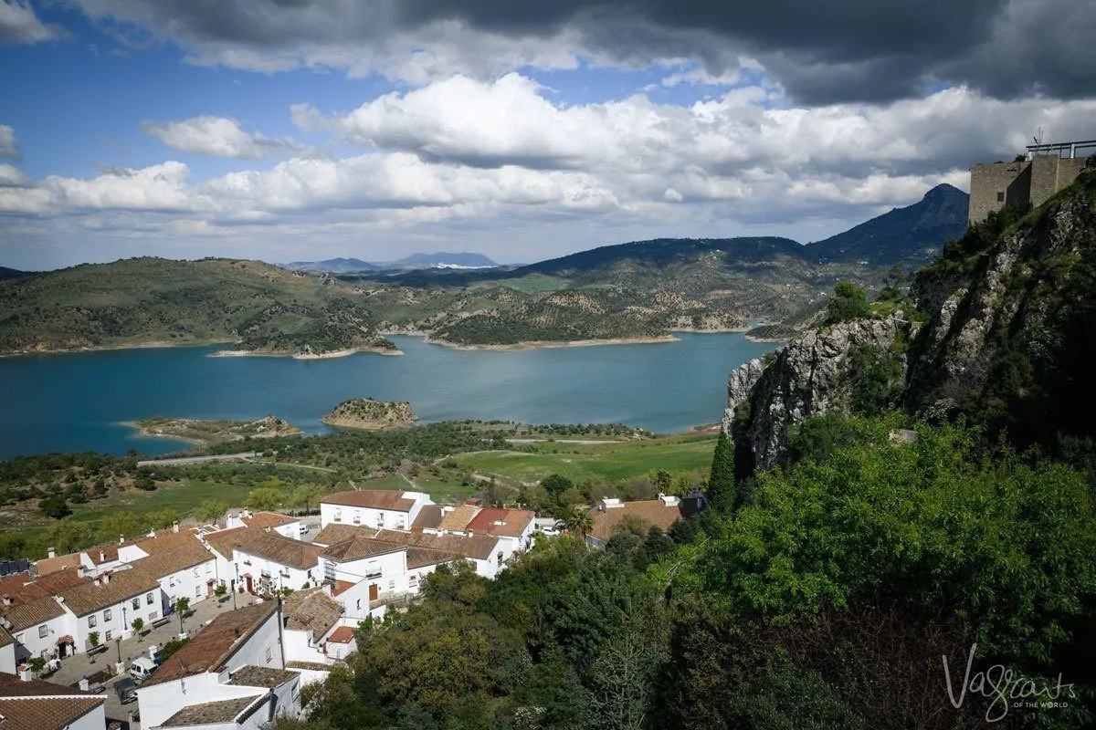 Zahara-el Gastor reservoir and white hill town of Spain.