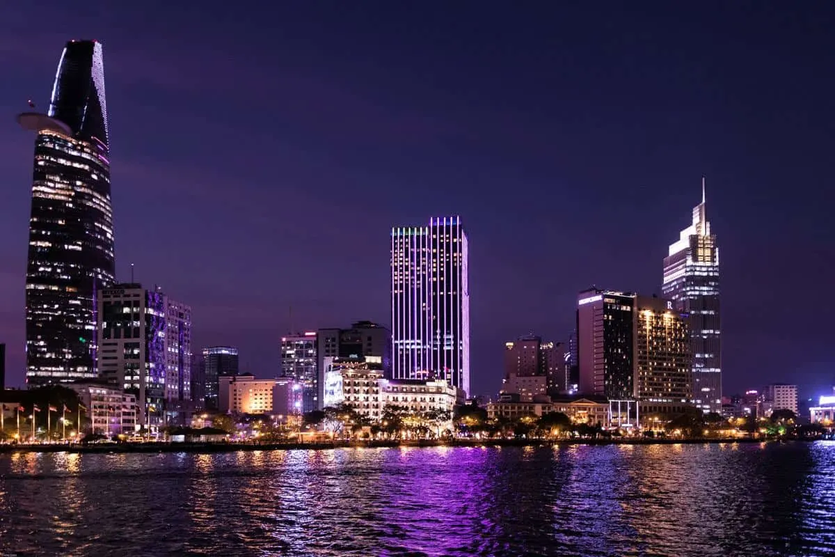 the lights of Ho Chi Minh city from the river. a saigon river cruise is one of the best things to do in Ho Chi Minh city at night