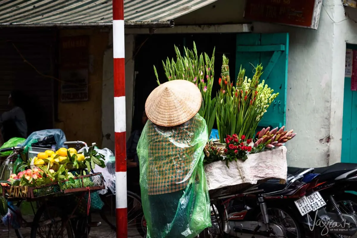 Flower seller and her baskets of flowers on motorbike outside the best place for shopping in Hanoi, the Dong Xuan Market.
