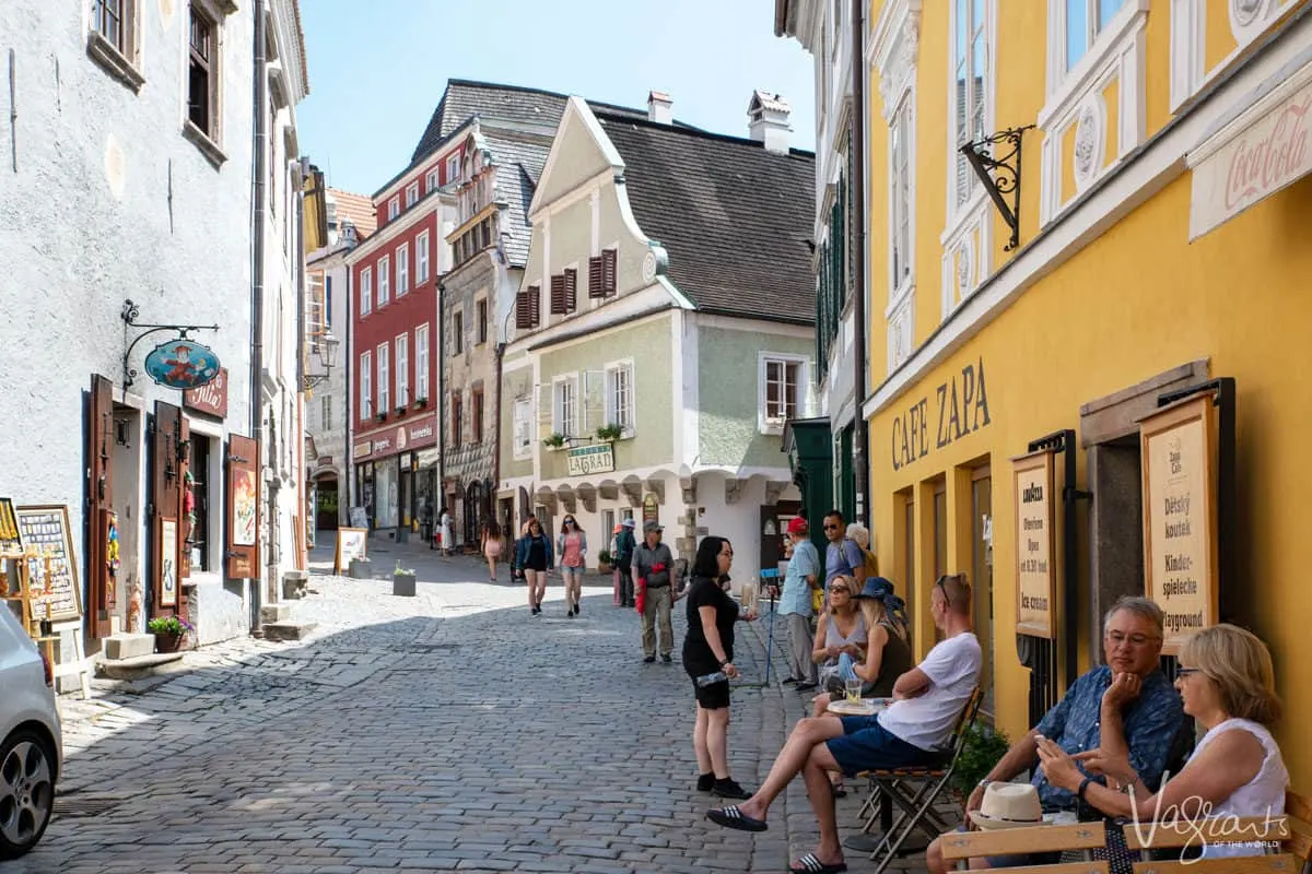 Tourists in the old town streets of Cesky Krumlov in Czech Republic