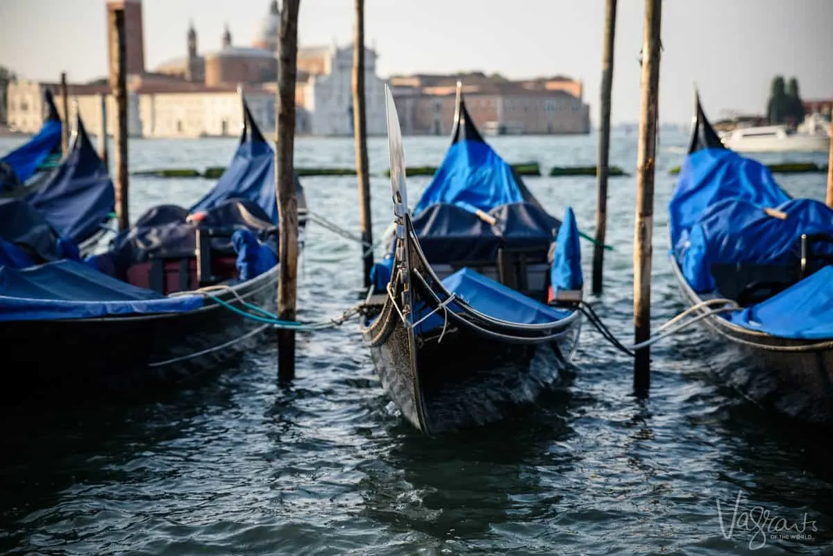 Gondolas tied up in Venice. 