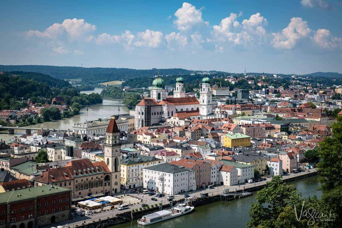 Old town, river and river cruise boats in Passau.