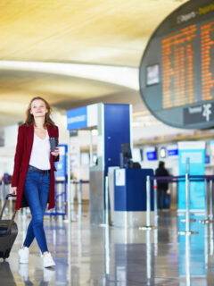Young woman in international airport with luggage wearing a red coat.