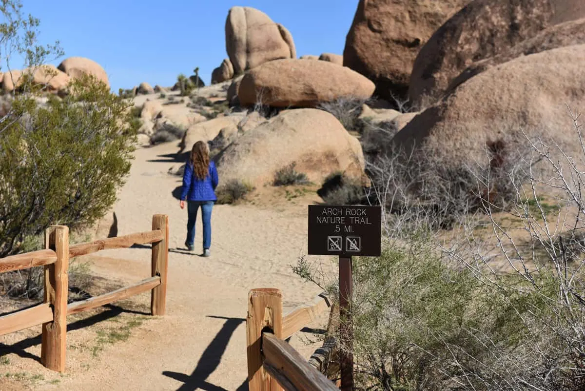 Lady seen from behind walking down the sandy Arch Rock hiking track through boulders in Joshua Tree National Park