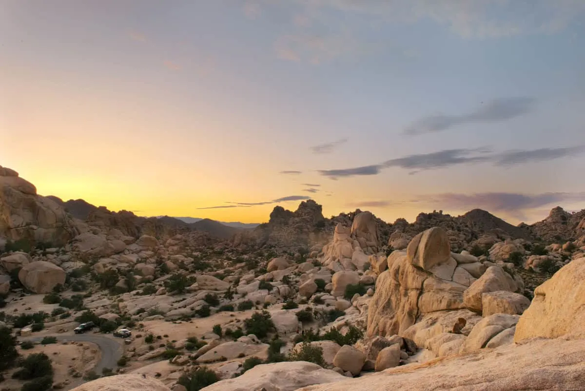 Looking doen on the rock formations in Hidden Valley in Joshua Tree National Park